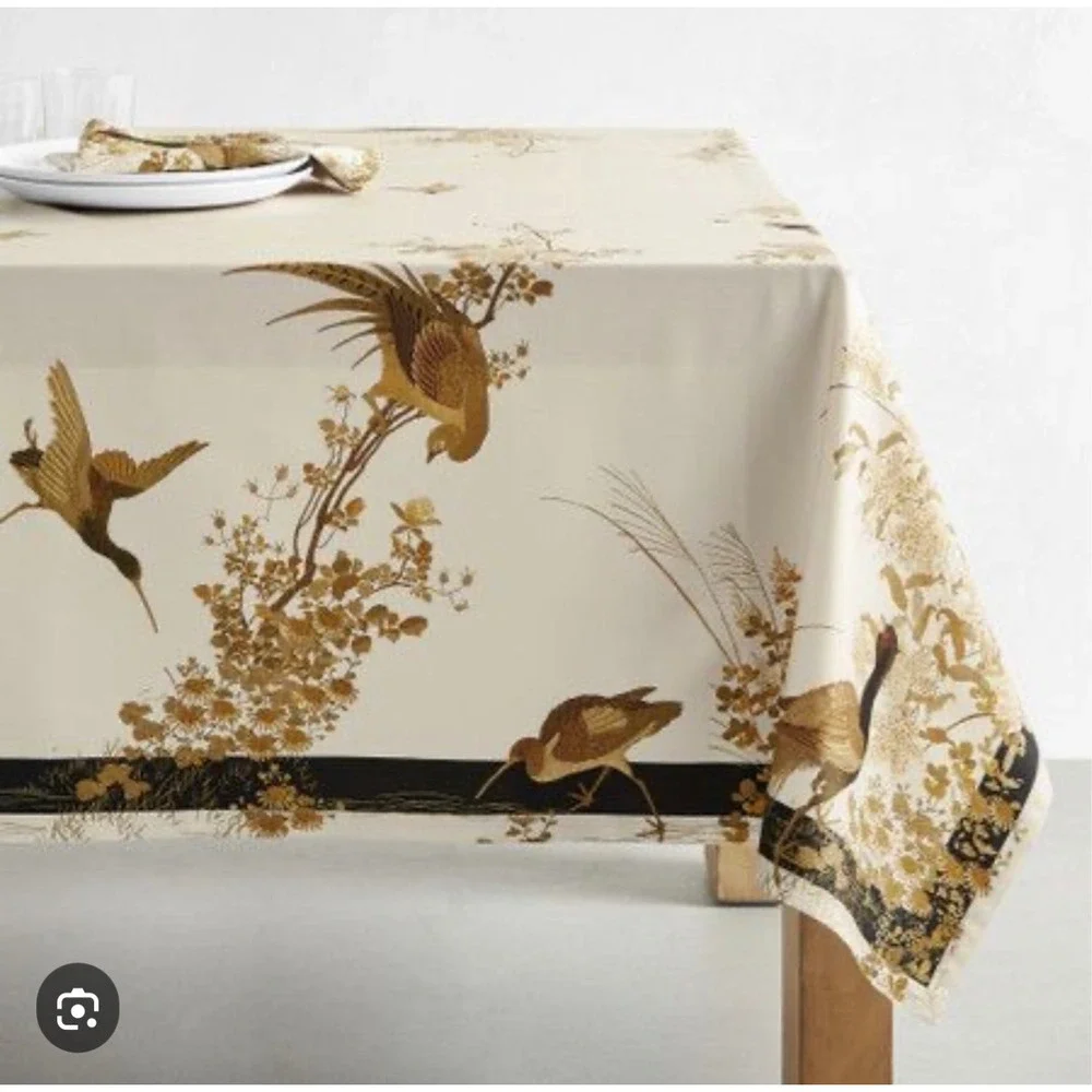 Williams Sonoma Walden Tablecloth Round 70 Inch Floral Bird Gold Cotton NEW